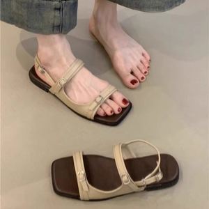 French Chic Single Band Roman Sandals <b>Soft</b> Leather Flat Casual <b>Shoes</b> Ladies Outdoor Beach Travel Daily Wear - Product Image 1