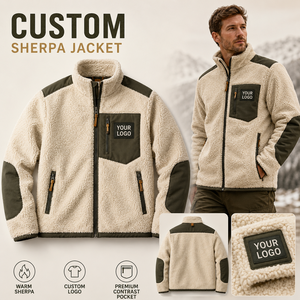 Custom Sherpa <b>Jacket</b> Men's Warm <b>Teddy</b> <b>Fleece</b> Full Zip Coat With Contrast Nylon Pocket Elbow Patch Outdoor Winter Workwear - Product Image 1