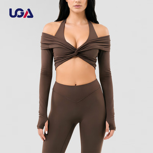 Custom Women Contrast Stitching Twist Deep V Soft Ballet Gym Workout Activewear Long Sleeve Crop Yoga Wrap Top