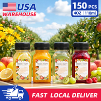 Lot de 150 bouteilles de jus en plastique transparent de 4 oz, contenants carrés en PET pour boissons, bouteilles avec bouchons pour bar, café, à emporter