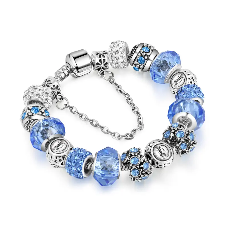 2022 New Arrival Blue Crystal Glass Beads Zodiac Bracelet Large Hole Beads Horoscope Charm Bracelet