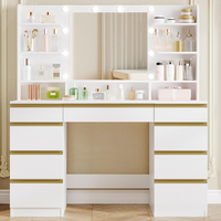 Coiffeuse contemporaine en bois avec miroir lumineux coloré, étagères de rangement, bureau de maquillage, table de toilette, pour chambre à coucher, écologique