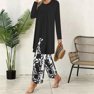 Completo Casual Primaverile/Estivo, Regalo per la Festa della Mamma, Set di 3 Pezzi <span class=keywords><strong>in</strong></span> <span class=keywords><strong>Raso</strong></span> Stampato Ecologico per <span class=keywords><strong>Donna</strong></span>, Manica Lunga - Product Image 1