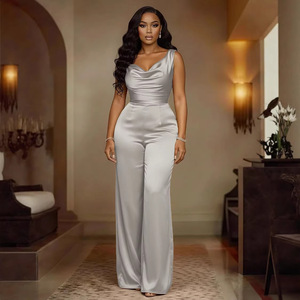 <span class=keywords><strong>Combinaison</strong></span> en satin or champagne BR6601 sans manches, col swing, taille haute, <span class=keywords><strong>pantalon</strong></span> large pour femmes - Product Image 4