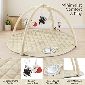 Tapis d'éveil matelassé beige tendance pour bébé, couleurs neutres modernes, arche d'activités robuste et amis en peluche à contraste élevé - Product Image 3