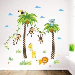 Groene Kokosnoot Boom Behang Cartoon Aap Leeuw Giraffe Stickers Tropische Plant Muurtattoo Voor Kid 'S Slaapkamer - Product Image 1