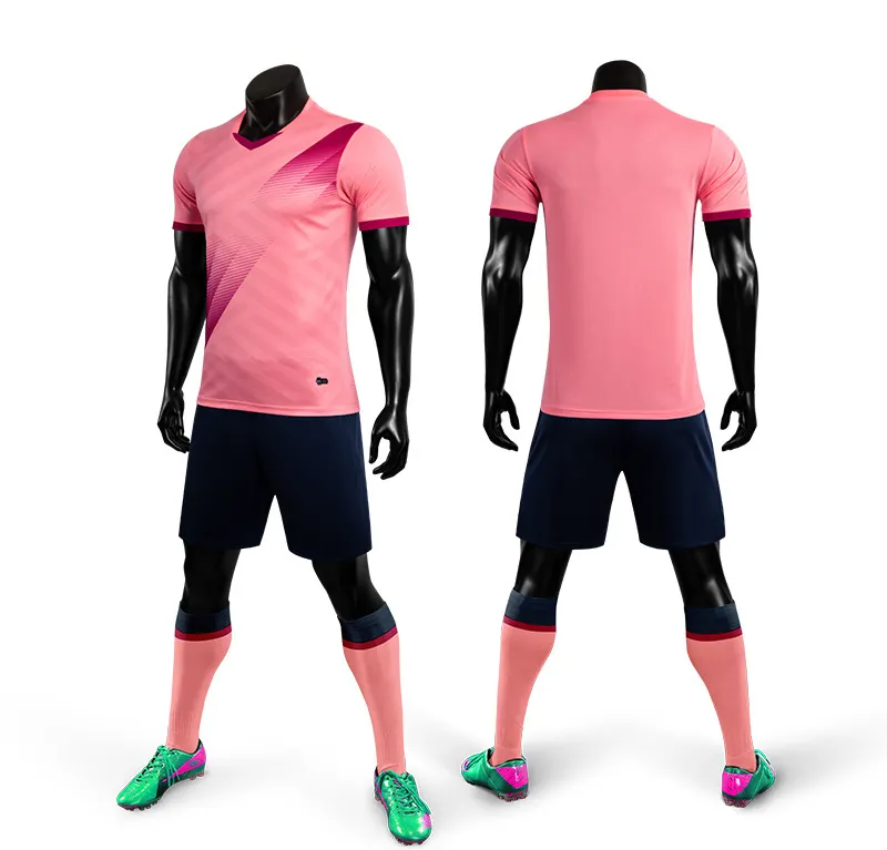 Neues Großhandel einfarbig rosa schwarz Fußballuniform Kits Jersey-Set Kleidung für Mannschaft Herren Damen Kinder Baby