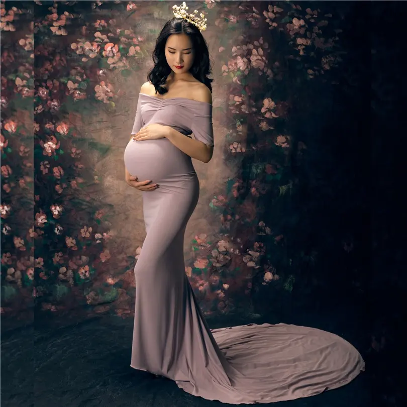 Maternity Cloth For Photography Jersey Slim Fit Pregnant Dress Off Shoulder Maternity Gown Photo Shoot