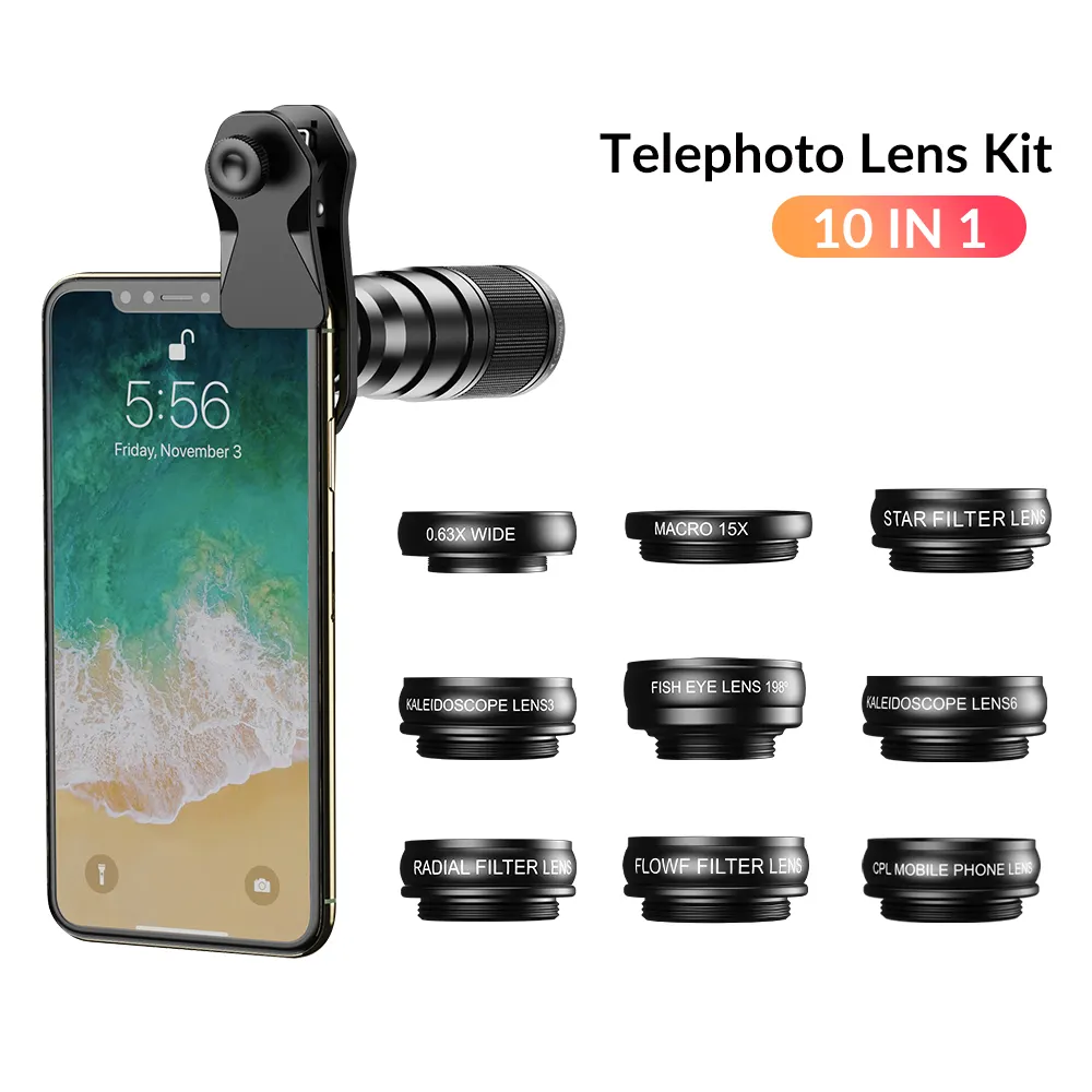 Apexel HD Optical 22x Telephoto Fisheye Wide Angle Macro Lens, Universal 10 In 1 Phone Camera Lens Kit External Phone Lens