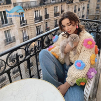 Pull cardigan en tricot épais fait main pour femme, motif floral multicolore, collection 2026