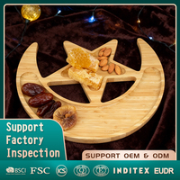 Plateau de service en bambou avec motif de lune et d'étoile pour les desserts, les aliments, les fruits, les fêtes islamiques musulmanes, le Ramadan, les décorations de l'Aïd Moubarak