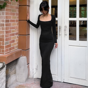 Vestido Ecológico para Mujer, Manga Larga Recta, Cuello Cuadrado Acanalado, Informal, para Verano y Otoño, Negro, para Fiestas y Clubes - Product Image 5