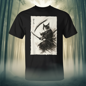 Samurai Cat Japanese Ukiyo E Warrior T-shirt graphique noir taille moyenne - Product Image 3