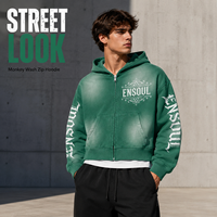 Sweat à capuche zippé personnalisé en coton épais 100% pour homme, coupe courte et ample, effet délavé, imprimé sérigraphié et brodé, style streetwear vintage