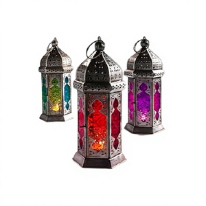Juego de 3 faroles de hierro y vidrio de primera calidad, forma personalizada, multicolor, farol colgante para decoración de mesa - Product Image 1