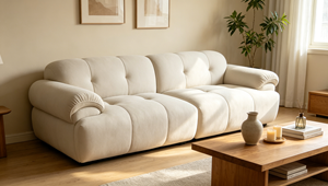 Sofá Cama Minimalista de Tela Crema con Respaldo Acolchado y Brazos Enrollados, Sofá de Tres Plazas para Sala de Estar - Product Image 6