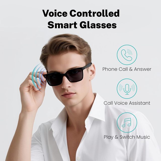 Smart Glasses for Men & Women, 5.3 Bluetooth Open Ear Audio Sunglasses, Voice Assistant, Blue Light Blocking Lenses
