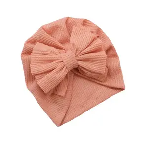 Wholesale Solid Color Baby Hat Waffle Crochet Knit Elastic Newborn Knotted Bowknot waffle weave hats