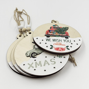 Christmas Wooden <b>Ornaments</b> Round <b>Car</b> Tree Design With Hemp Rope For Home Decoration - Product Image 5