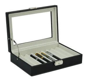 8件黑色皮革钢笔展示柜储物和收藏版钢笔收纳盒，带玻璃窗
