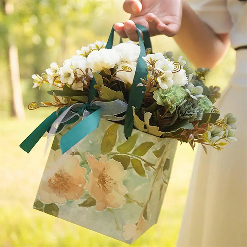 INUNION çiçek kağıt torba beyaz tahta özel kağıt torba bahar tarzı çanta