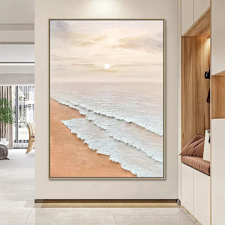 Modern Handmade Cream Aesthetic Beach Ocean Waves Wabi Sabi Seascape Paintings 3D Wall Art Decor