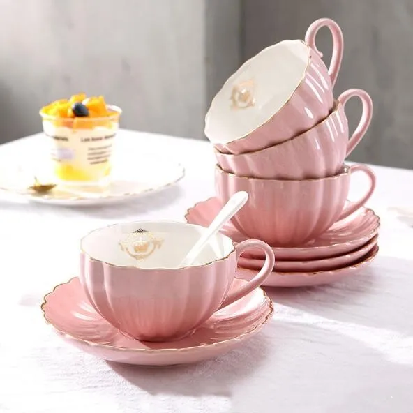 Royal style wholesale cheap cappuccino coffee cup set customized gold rim pink color glazed tea cups and saucer ceramic