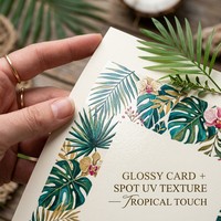Juego de Tarjetas de Invitación para Boda Tropical |   Plantilla UV con Diseño Botánico en Lámina Dorada para Hoteles y Resorts