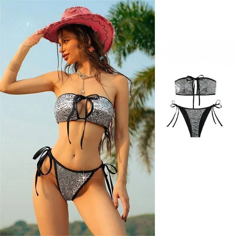 Hot Metallic Sexy Hottie Backless Strapless High Waist Bikini Two Piece Swimsuit Middle Hollow Bottom Pants Triangle Adult