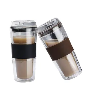 400Ml 13Oz Double Layer Heat Insulation High Temperature Resistance Water Cup Portable Coffee Glass Cup With Silicone Cover