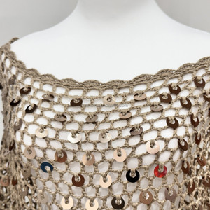 Poncho de plage pour femme en crochet à sequins kaki, style bohème, en maille transparente ajourée avec franges et pompons - Product Image 6