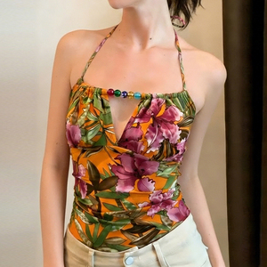 Top Cami para Mujer, Estilo Retro, Estampado Floral Colorido, con Cuentas, Estilo Artístico - Product Image 3