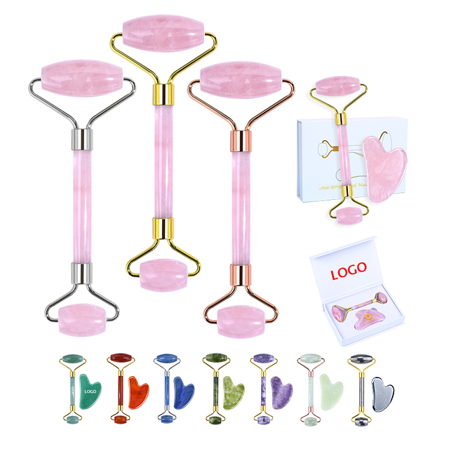 Popular Style Jade Roller Set Facial Skin Care Tool Natural Rose Quartz Roller Massager Wholesale Double Heads Pink Jade Roller