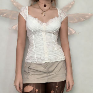 Camiseta de Verano para Mujer, Estilo Dulce y Femenino, Color Sólido, Encaje, Impresión Digital, Transpirable, Cierre de Botones, Corte Ajustado - Product Image 1