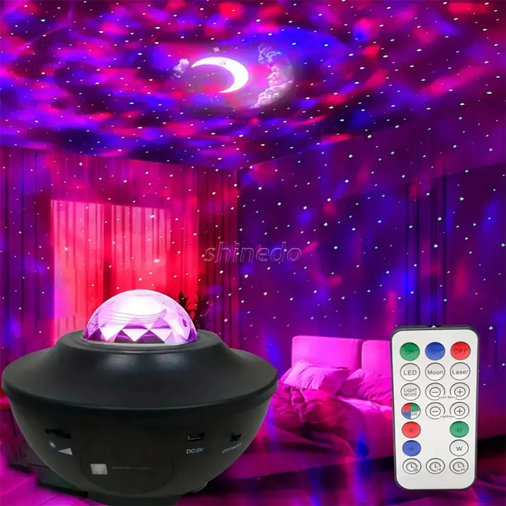 LED Galaxy Star projektör, geceleri hoş yatak odası projeksiyonu için hoparlörlerle Bluetooth bağlantısı taşır