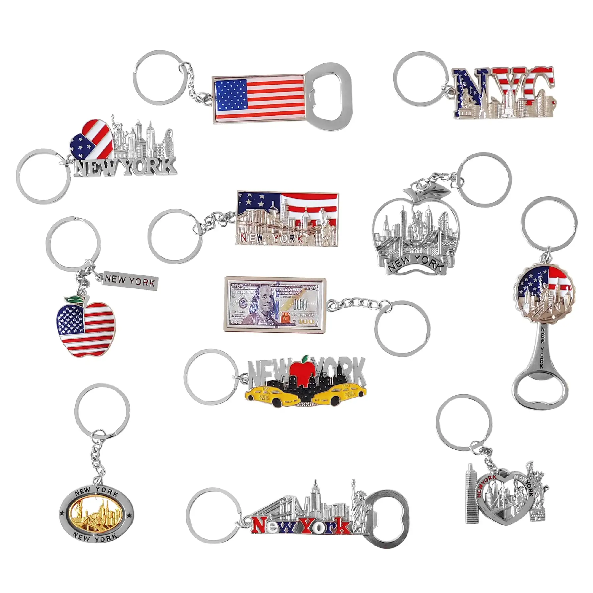 Porte-clé en métal personnalisé, Collection de souvenirs NYC, tour de la liberté de l'état de New York, Statue de la liberté, drapeau des états-unis, cabine de NY, anneau de porte-clé en métal Apple