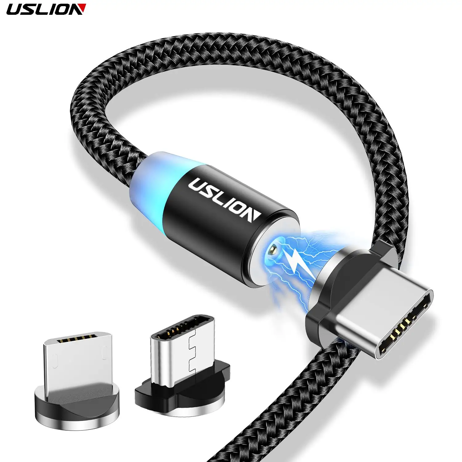 USLION 3 in 1 USBケーブルタイプC磁気充電ケーブルマグネットマイクロUSB360回転LEDライト