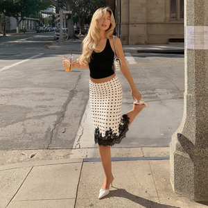 Women Polka Dot Floral Lace <b>Patchwork</b> Midi <b>Skirt</b> Mid Waist Slim Fit Bodycon Elegant Casual <b>Skirt</b> - Product Image 2