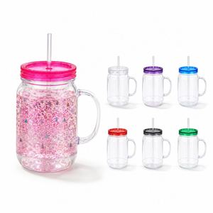 Gobelet DIY en forme de globe de neige de 22 oz avec paille et poignée, en acrylique, style bocal Mason, réutilisable, pour cadeaux et fêtes - Vente en gros - Product Image 1