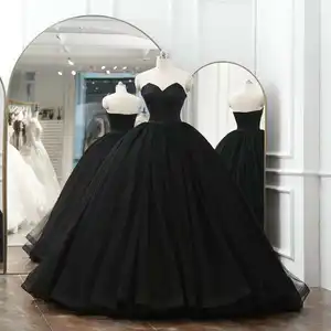 Fluffy Black Mesh Bridal Wedding Gorgeous Strapless Wedding Ball Gown Manufacturer made