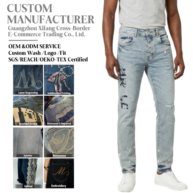 Vintage Light Blue Distressed Pencil Jeans Men Graffiti Print Paint Splatter Denim Pants Streetwear Slim Fit Casual Trousers Mid