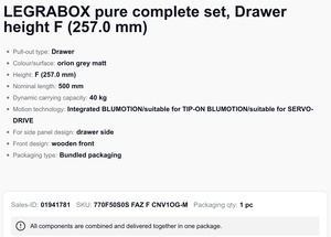 Blum1 LEGRABOX Pure 770F FAZ <b>Metal</b> Drawer Set for <b>Cabinets</b> with Soft-Close Height F Load Capacity:40kg Grey Lengths Available - Product Image 4