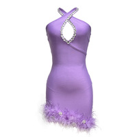 Robe mini bandage élégante et luxueuse violette, sexy, sans manches, dos nu, à col halter, avec plumes et cristaux