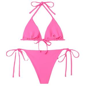 2026 <span class=keywords><strong>Maillot</strong></span> de bain deux pièces sexy pour femme, style européen-américain, à col licou, froncé, à bonnets profonds, couleur unie rouge rose, coupe ajustée, direct usine - Product Image 5
