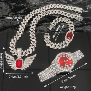 Conjunto de relojes Reloj de cuarzo de moda de lujo y colgante de <span class=keywords><strong>ala</strong></span> pulsera y collar de cadena cubana Conjunto de joyeria - Product Image 2