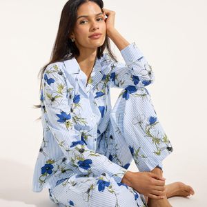 FOXA Women's Cotton Poplin Pajama Set Long Sleeve Top And Pants Classic Sleepwear Soft Fabric - Product Image 4