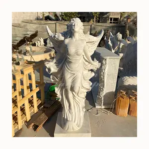 Decorazione del giardino a grandezza naturale scultura di pietra di marmo bianco alato angelo figurine statua scultura