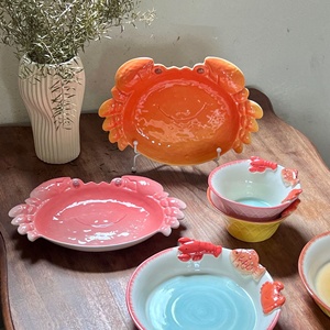 Lelyi Ins creativo lindo cangrejo hecho a mano, pescado camarón en relieve cuencos y platos de cerámica de alto valor creativo pequeño fresco vajilla - Product Image 1