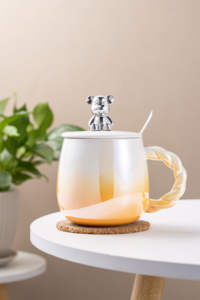 Cangkir air beruang Teddy, cangkir kopi kantor keramik tahan panas dengan sendok tutup kualitas tinggi - Product Image 2