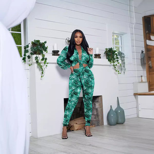 Cardigan stampato a maniche lunghe da donna a due pezzi Fashion pantalone attillato per autunno tinta unita - Product Image 3